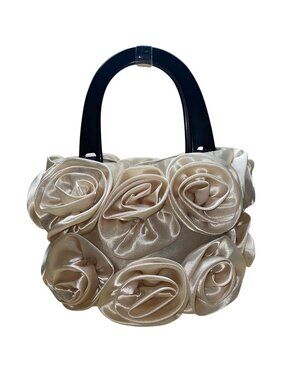 For Your Ease Only Women’s Ivory Floral Rose Satin With Black Handles Handbag